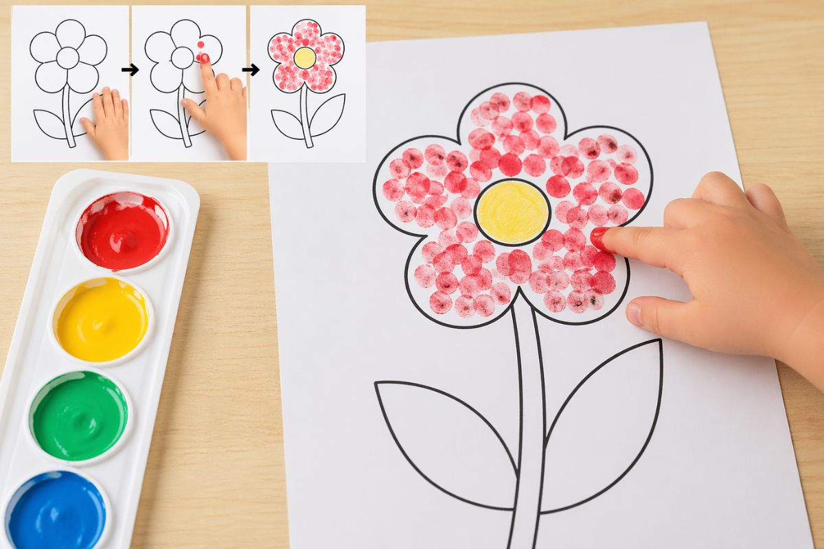 Kind gestaltet eine Blume aus Fingerabdrücken auf einer Vorlage – einfaches Muttertagsgeschenk im Kindergarten ohne Schneiden
