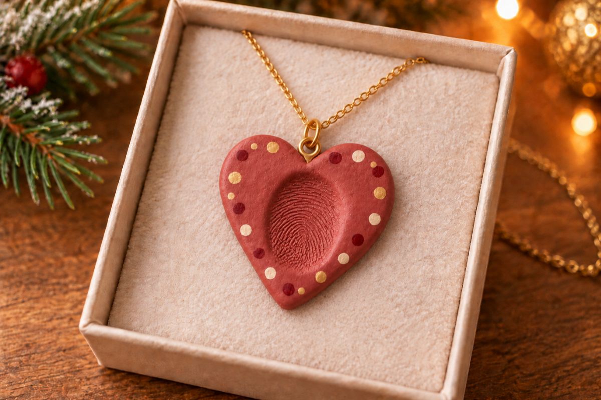Herz-Kettenanhänger aus Modelliermasse mit Kinderfingerabdruck, Schrauböse und goldener Kette