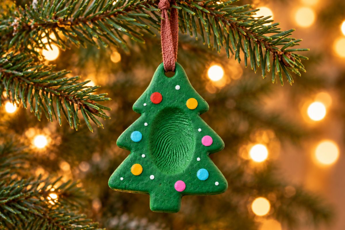 Grüner Tannenbaum-Anhänger aus Modelliermasse mit Kinderfingerabdruck und bunten Weihnachtskugeln