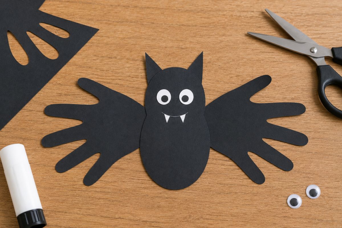 Fledermaus aus zwei schwarzen Handabdrücken mit ovalem Körper und Gesicht aus Papier – einfache Halloween-Bastelidee für Kinder.