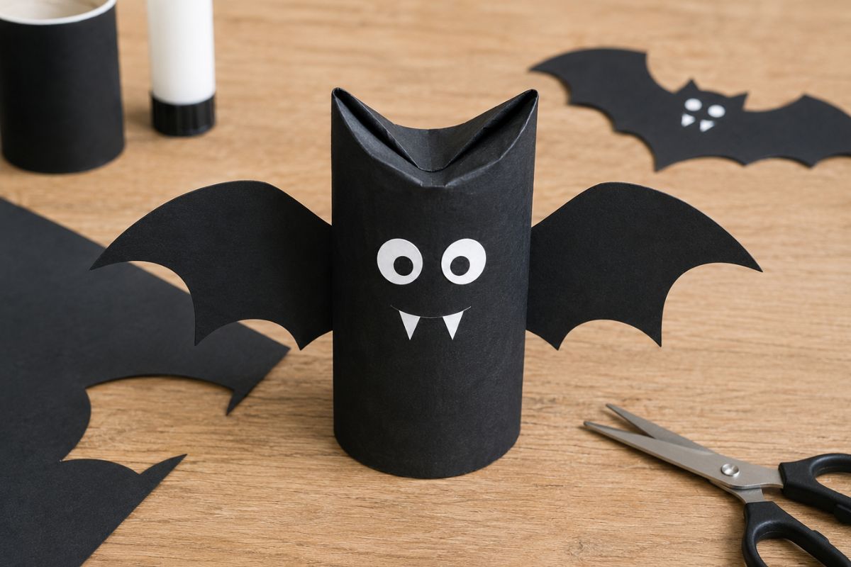 Schwarze Fledermaus aus einer Klopapierrolle mit Papierflügeln und großen Augen als Halloween-Bastelidee für Kinder.