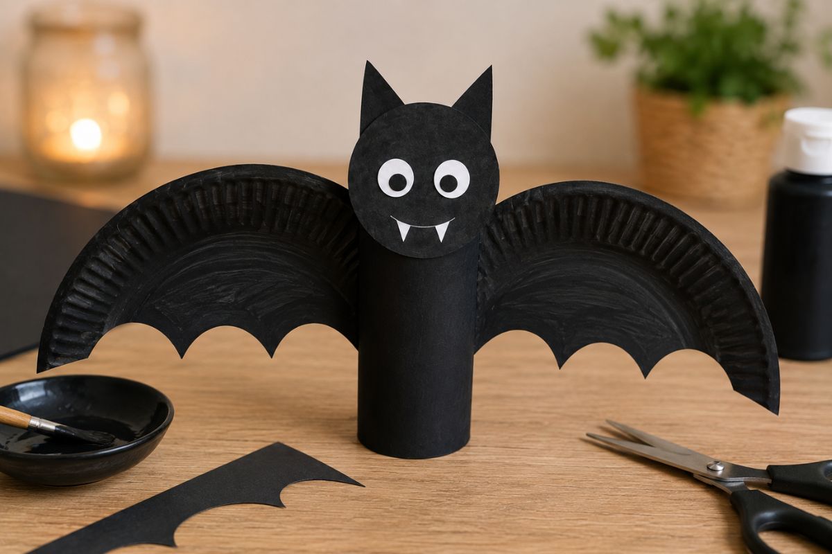 Fledermaus aus einem schwarz bemalten Pappteller mit gezackten Flügeln und Körper aus Tonpapier als Halloween-Bastelidee für Kinder.
