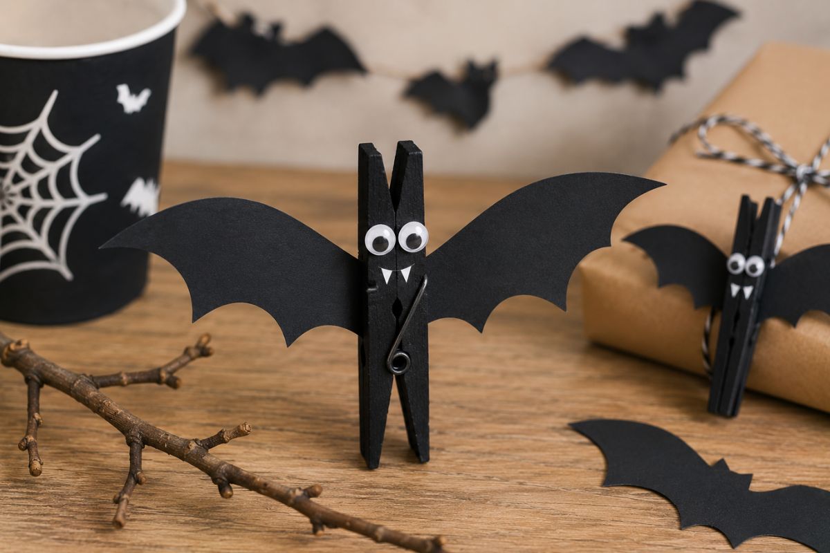 Schwarze Fledermaus aus einer bemalten Wäscheklammer mit Papierflügeln und Wackelaugen als Halloween-Bastelidee für Kinder.