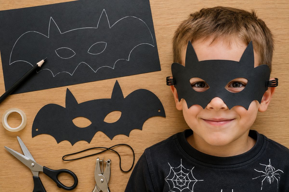 Schwarze Fledermausmaske aus Bastelkarton mit Gummiband als einfache Halloween-Bastelidee für Kinder.