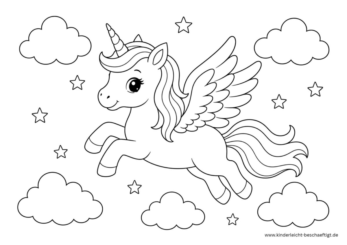 Fliegendes Einhorn mit Flügeln zwischen Wolken und Sternen als Ausmalbild