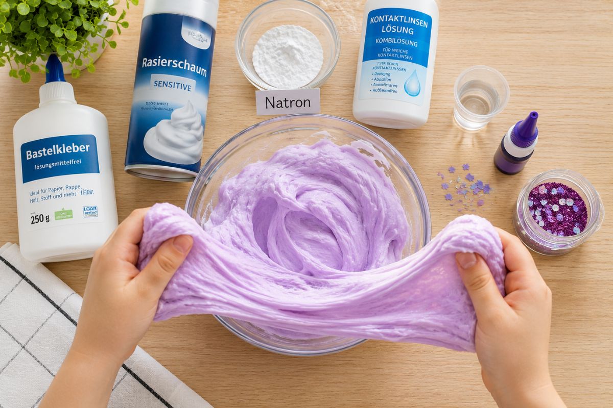 Kinderhände ziehen helllila Fluffy Slime auseinander. Daneben liegen Bastelkleber, Rasierschaum, Natron, Kontaktlinsenlösung und Glitzer auf einem hellen Holztisch.