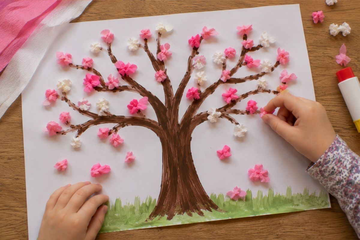 Frühlingsbaum basteln mit Krepppapier: Von einem Kind gestalteter Baum mit gemaltem Stamm und unregelmäßig geknüllten rosa und weißen Krepppapierblüten auf den Ästen