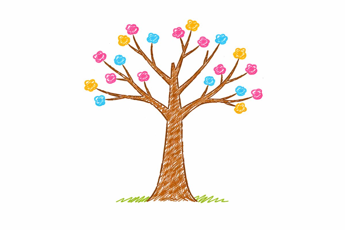 Einfach gemalter Frühlingsbaum von einem Kind mit Buntstiften, mit unperfekten Ästen und bunten Punkten als Blüten.