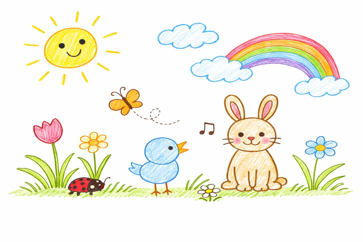 Einfaches Frühlingsbild von einem Kind mit Buntstiften gemalt, mit Sonne, Blumen, Schmetterling, Vogel aus Kreisen, Hase von vorne und Marienkäfer.