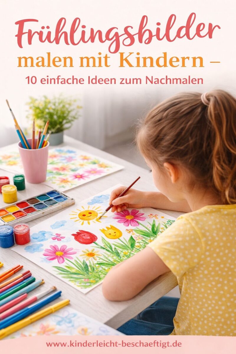 Kind malt Frühlingsbilder mit Blumen einfach am Tisch zuhause