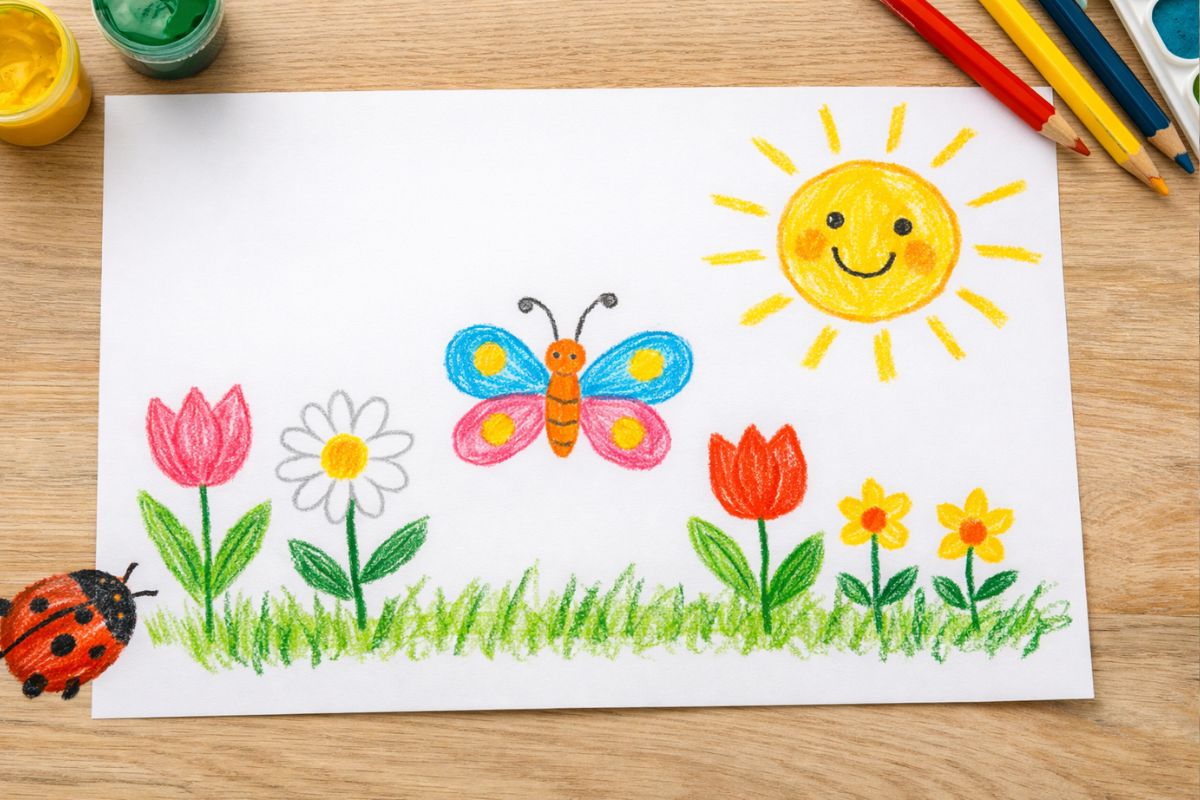 Kinder malen einfache Frühlingsbilder mit Blumen, Schmetterling und Sonne zum Nachmalen