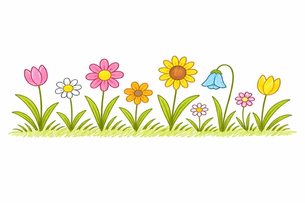Einfach gemalte Blumenwiese von einem Kind mit Buntstiften, mit verschiedenen Blumen wie Tulpen und Gänseblümchen als leichtes Frühlingsbild zum Nachmalen