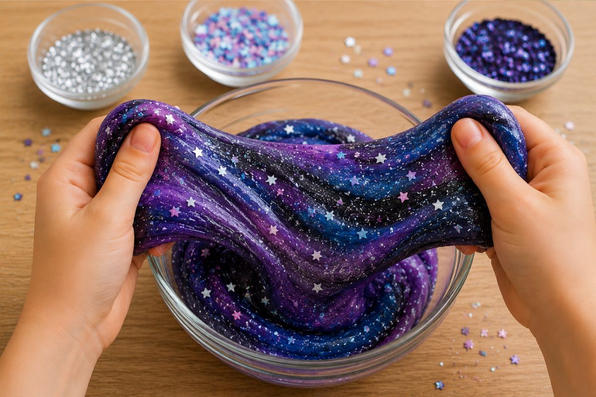Kinderhände ziehen selbstgemachten Galaxy Slime in Dunkelblau, Lila und Schwarz mit silbernem Glitzer und kleinen Sternchen auseinander.