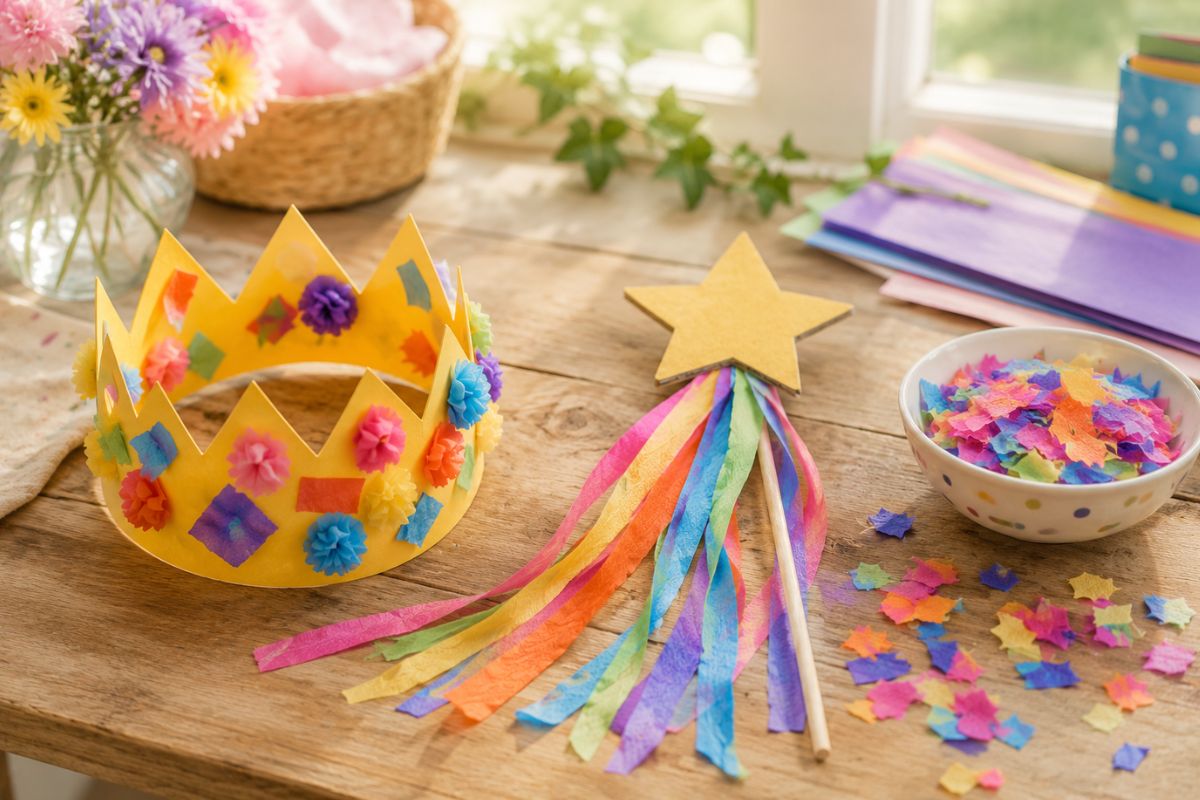 Geburtstagskrone und Zauberstab basteln mit Krepppapier sowie selbst gemachtes Konfetti aus Krepppapierresten auf einem Basteltisch.