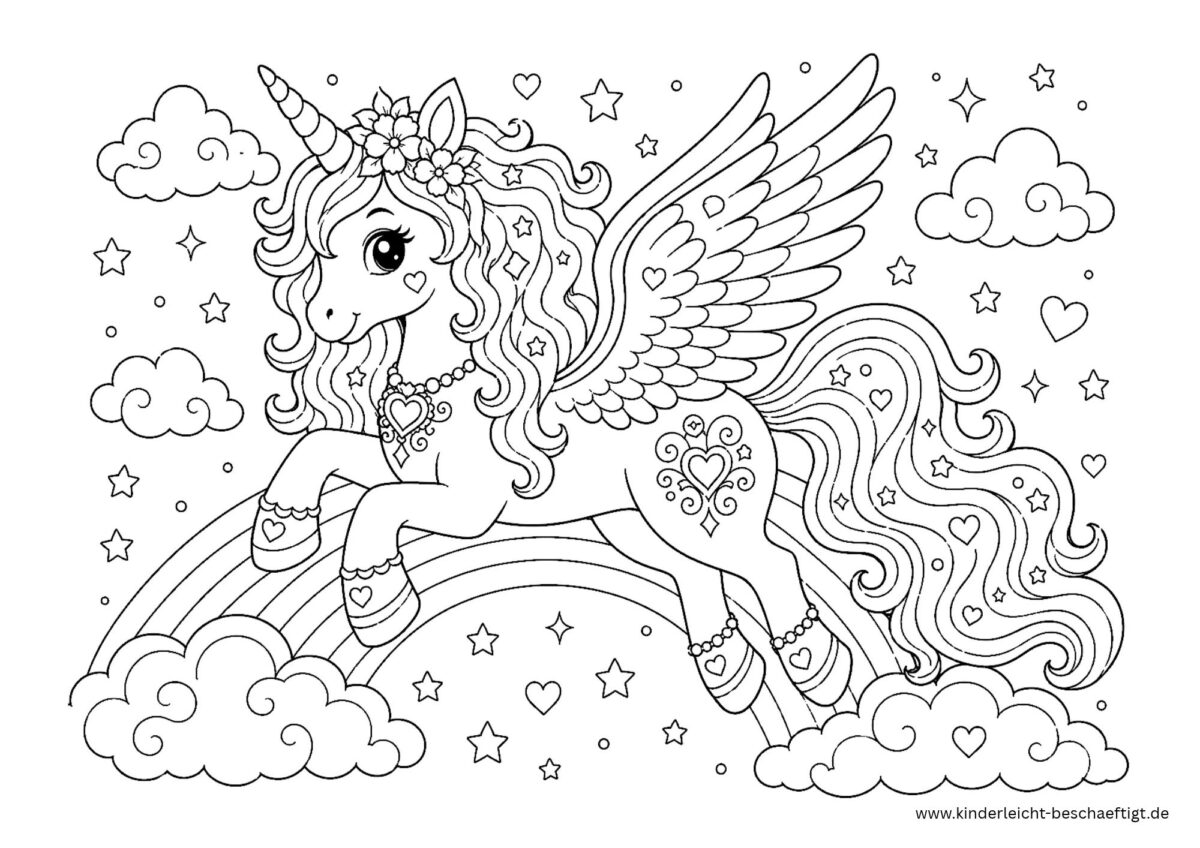 Geflügeltes Einhorn mit Regenbogen, Wolken und Sternen als detailreiches Ausmalbild