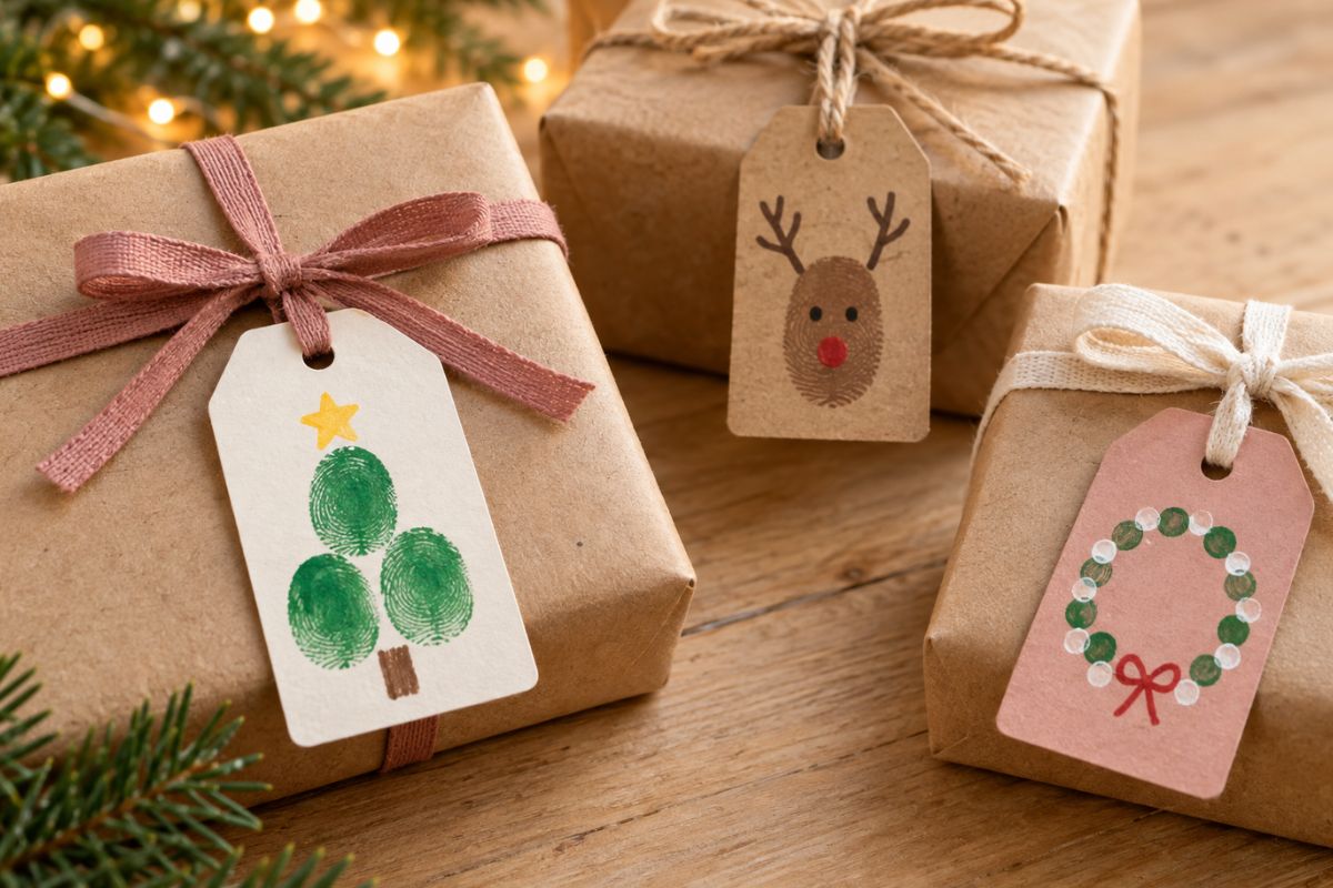 Geschenkanhänger basteln mit Kindern – Tannenbaum aus Fingerabdrücken, Rentier und gepunkteter Weihnachtskranz