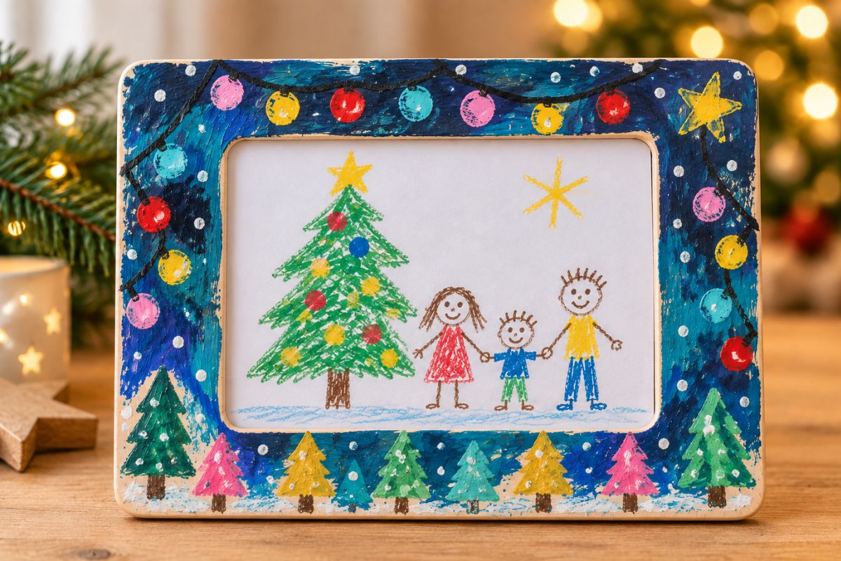 Von einem Kind bemalter Holzrahmen mit Lichterkette, bunten Tannenbäumen und selbst gemaltem Familienbild