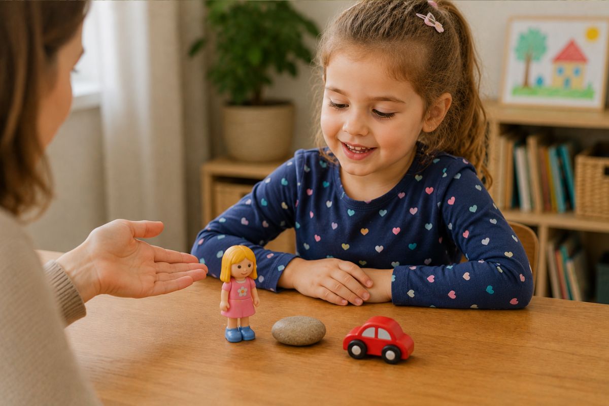 Vorschulkind erzählt mit Spielfigur, Stein und Spielzeugauto eine eigene Geschichte am Tisch