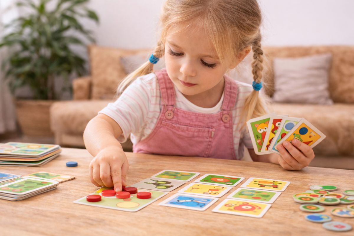 Kind spielt ein Lernspiel mit Karten und Spielsteinen – Gesellschaftsspiele ab 4 Jahren fördern Wahrnehmung, Konzentration und logisches Denken