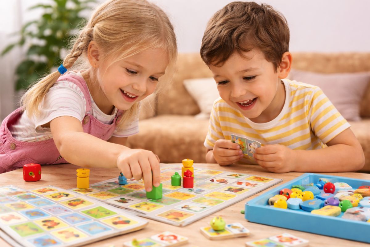 Kinder spielen ein einfaches Gesellschaftsspiel ab 4 Jahren – spielerisches Lernen und gemeinsame Zeit im Kindergartenalter