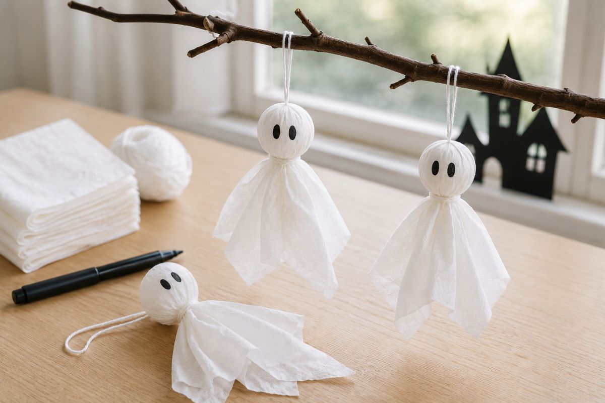 Selbst gebastelte Gespenster aus Taschentüchern mit aufgemalten Augen hängen an einem Ast – einfache Halloween-Bastelidee für Kinder.