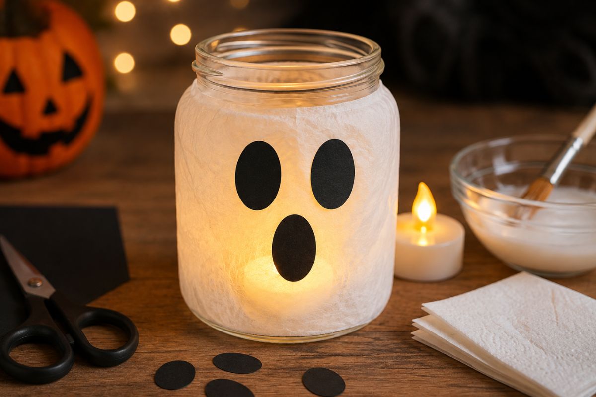 Gespenster-Windlicht aus einem mit weißem Transparentpapier beklebten Schraubglas und LED-Teelicht als Halloween-Bastelidee für Kinder.