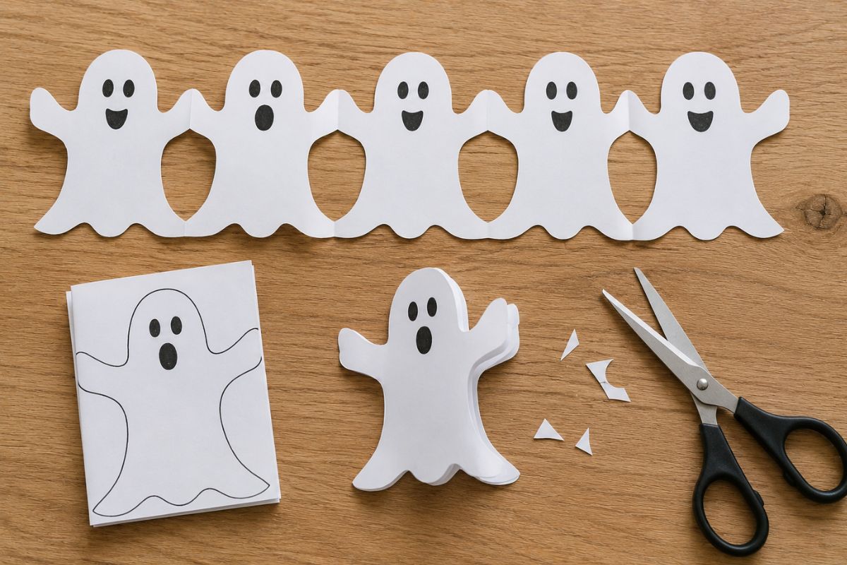 Weiße Geistergirlande aus gefaltetem Papier mit ausgeschnittenen Gespenstern – einfache Halloween-Bastelidee für Kinder.