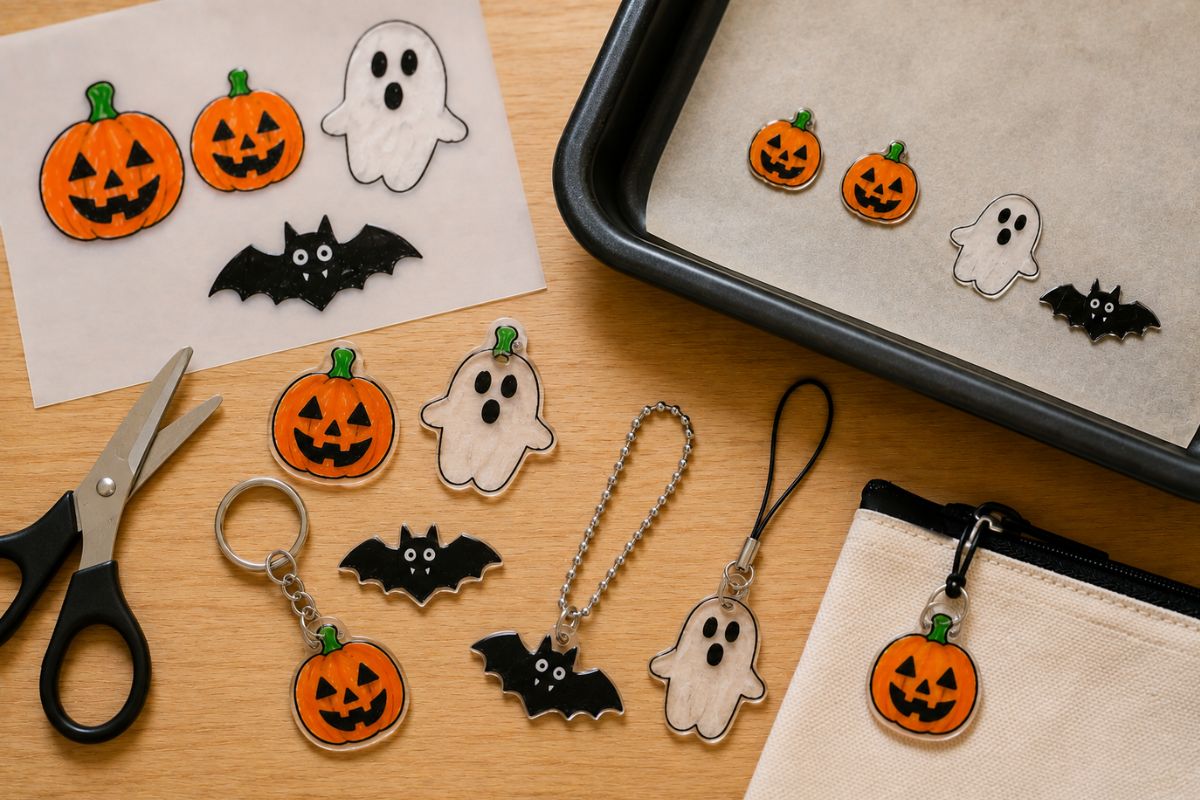 Halloween-Anhänger aus Schrumpffolie mit Kürbis, Gespenst und Fledermaus als Schlüsselanhänger und Taschenanhänger für Kinder.