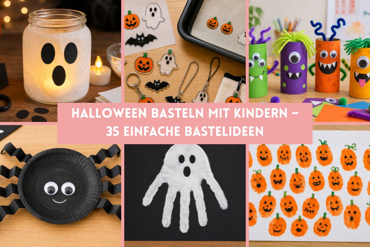 Collage mit einfachen Halloween-Bastelideen für Kinder: Gespenster-Windlicht, Anhänger aus Schrumpffolie, Monster aus Klopapierrollen, Spinne aus Pappteller, Handabdruck-Geist und Kürbisbild mit Fingerabdrücken. Text: „Halloween basteln mit Kindern – 35 einfache Bastelideen“.