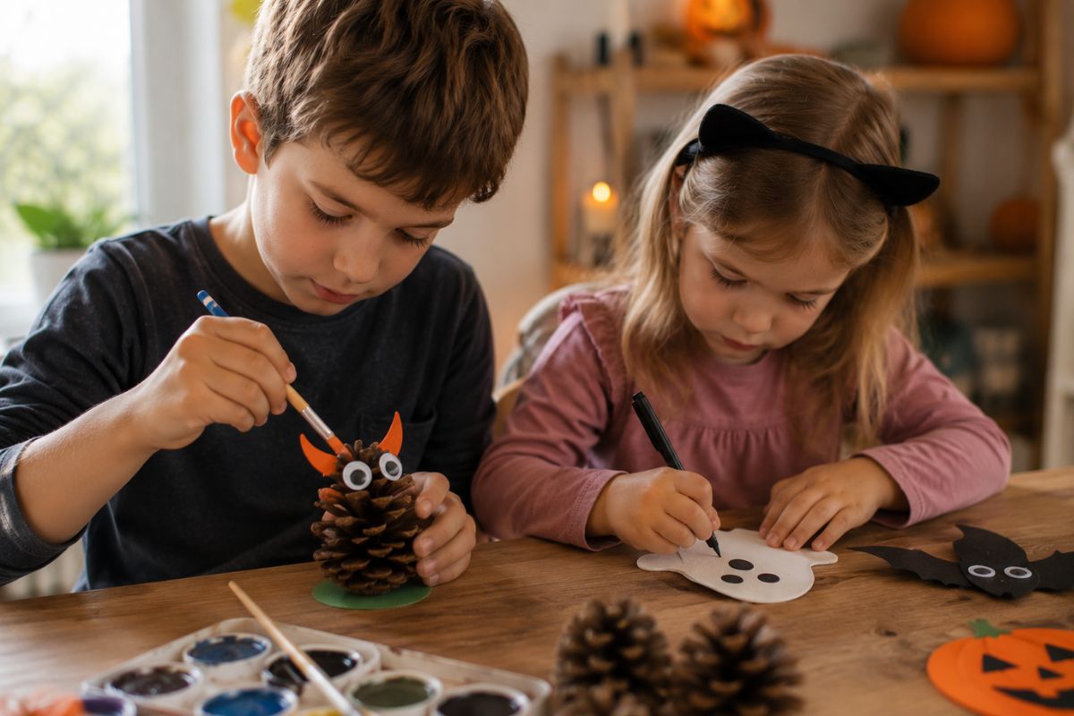Zwei Kinder basteln gemeinsam Halloween-Dekoration am Tisch. Ein Kind gestaltet ein Zapfenmonster, das andere bemalt ein Gespenst aus Papier.