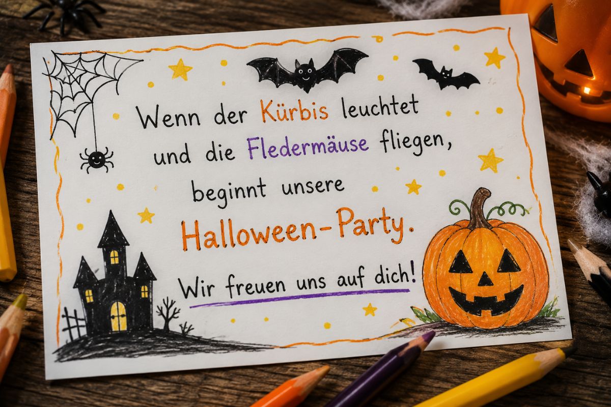 Handgeschriebene Halloween-Einladung für Kinder mit dem Spruch „Wenn der Kürbis leuchtet und die Fledermäuse fliegen, beginnt unsere Halloween-Party. Wir freuen uns auf dich!“ sowie selbst gemalten Kürbissen, Fledermäusen und Spinnennetz.