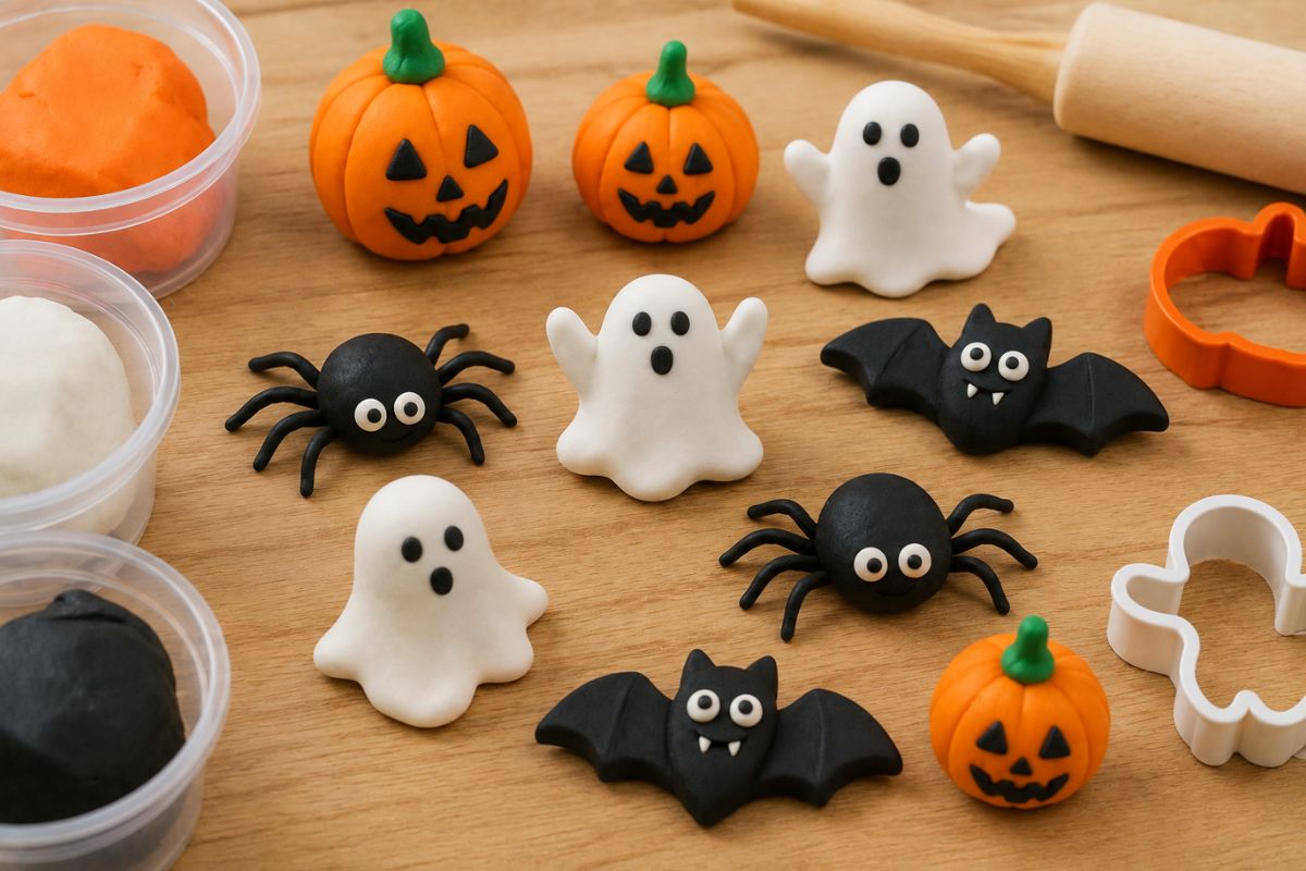 Halloween-Figuren aus Knete mit Kürbissen, Gespenstern, Fledermäusen und Spinnen als einfache Bastelidee für Kinder.