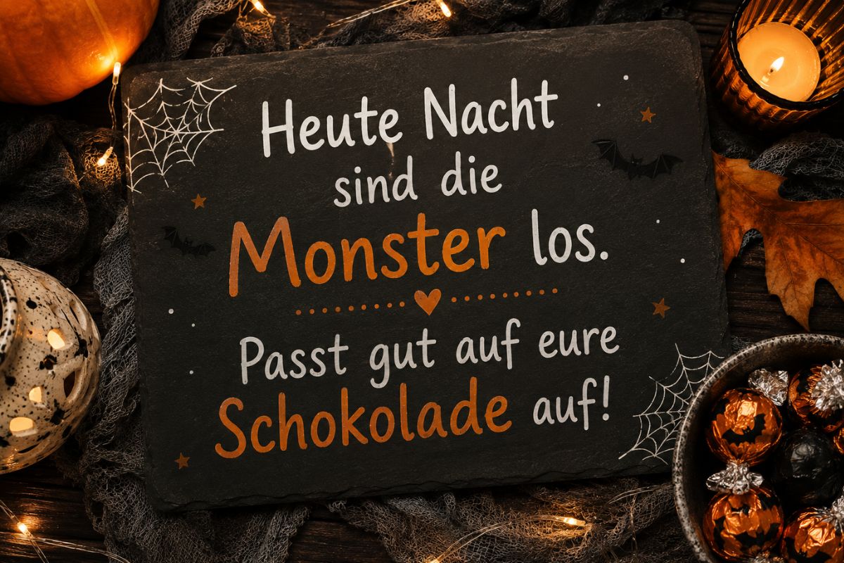Halloween-Gruß „Heute Nacht sind die Monster los. Passt gut auf eure Schokolade auf!“ auf einer dekorativen Schiefertafel mit Kürbis, Kerzenlicht, Spinnennetzen und Halloween-Süßigkeiten.