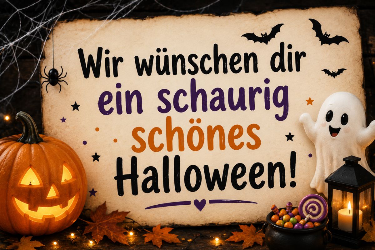 Halloween-Gruß „Wir wünschen dir ein schaurig schönes Halloween!“ als dekorative Grafik auf einem festlich geschmückten Halloween-Partytisch mit Kürbis, Gespenst und stimmungsvoller Herbstdekoration.