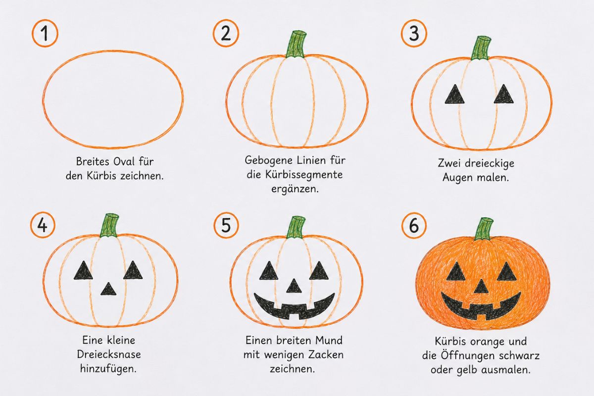 Schritt-für-Schritt-Anleitung zum einfachen Halloween-Kürbis malen mit sechs Zeichenschritten