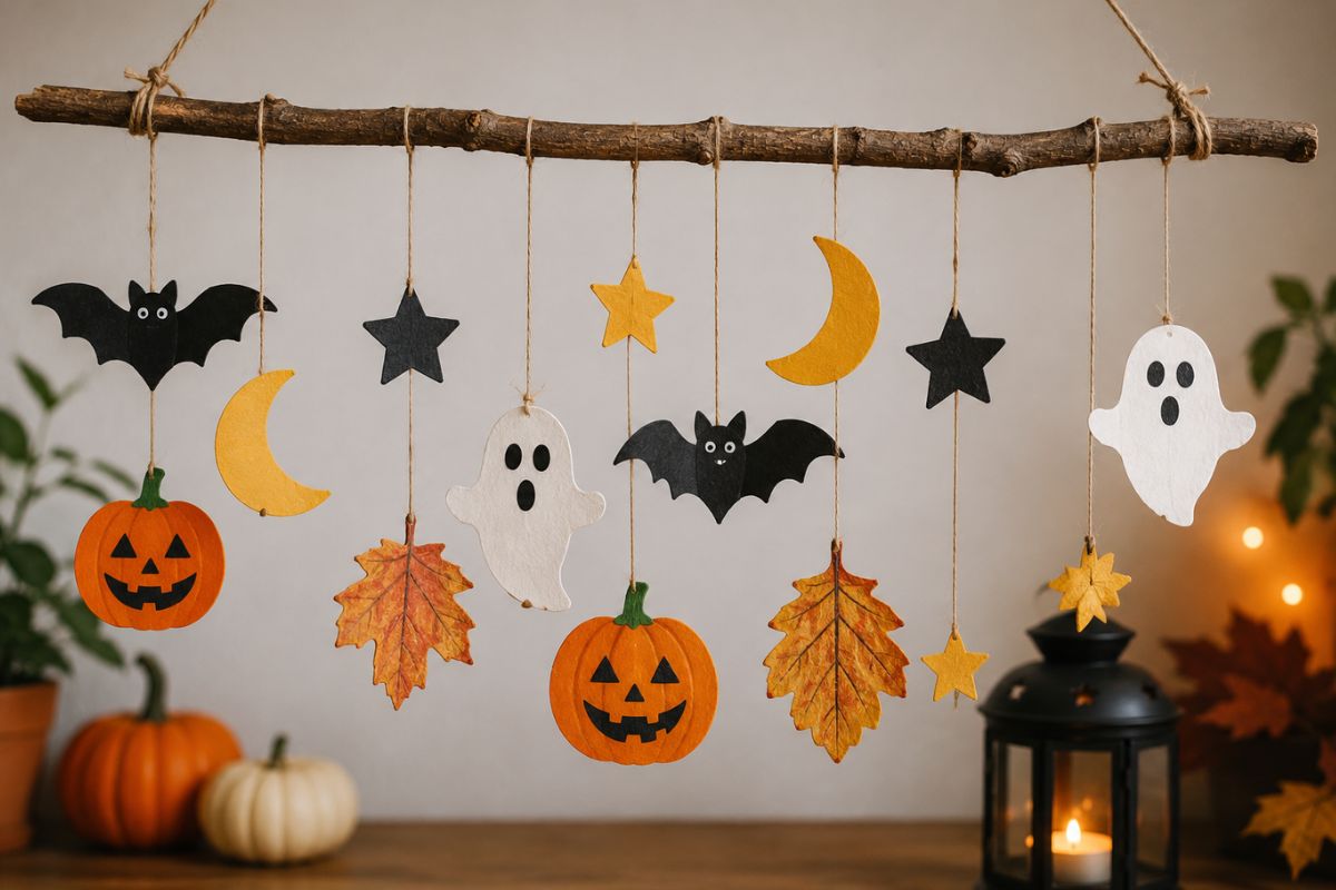 Selbst gebasteltes Halloween-Mobile mit Kürbissen, Gespenstern, Fledermäusen, Sternen, Mond und Herbstblättern an einem Ast.