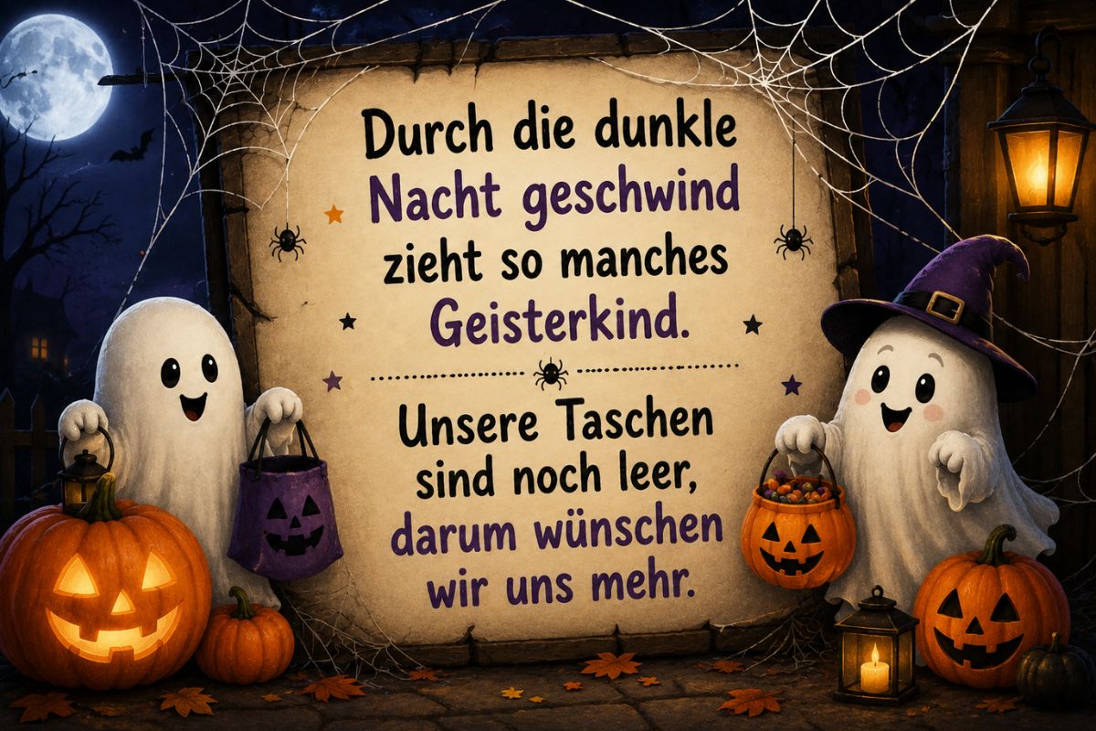 Halloween-Reim für Kinder „Durch die dunkle Nacht geschwind zieht so manches Geisterkind. Unsere Taschen sind noch leer, darum wünschen wir uns mehr.“ als dekorative Grafik mit freundlichen Gespenstern, Spinnennetzen, Kürbissen und Süßigkeitentaschen.