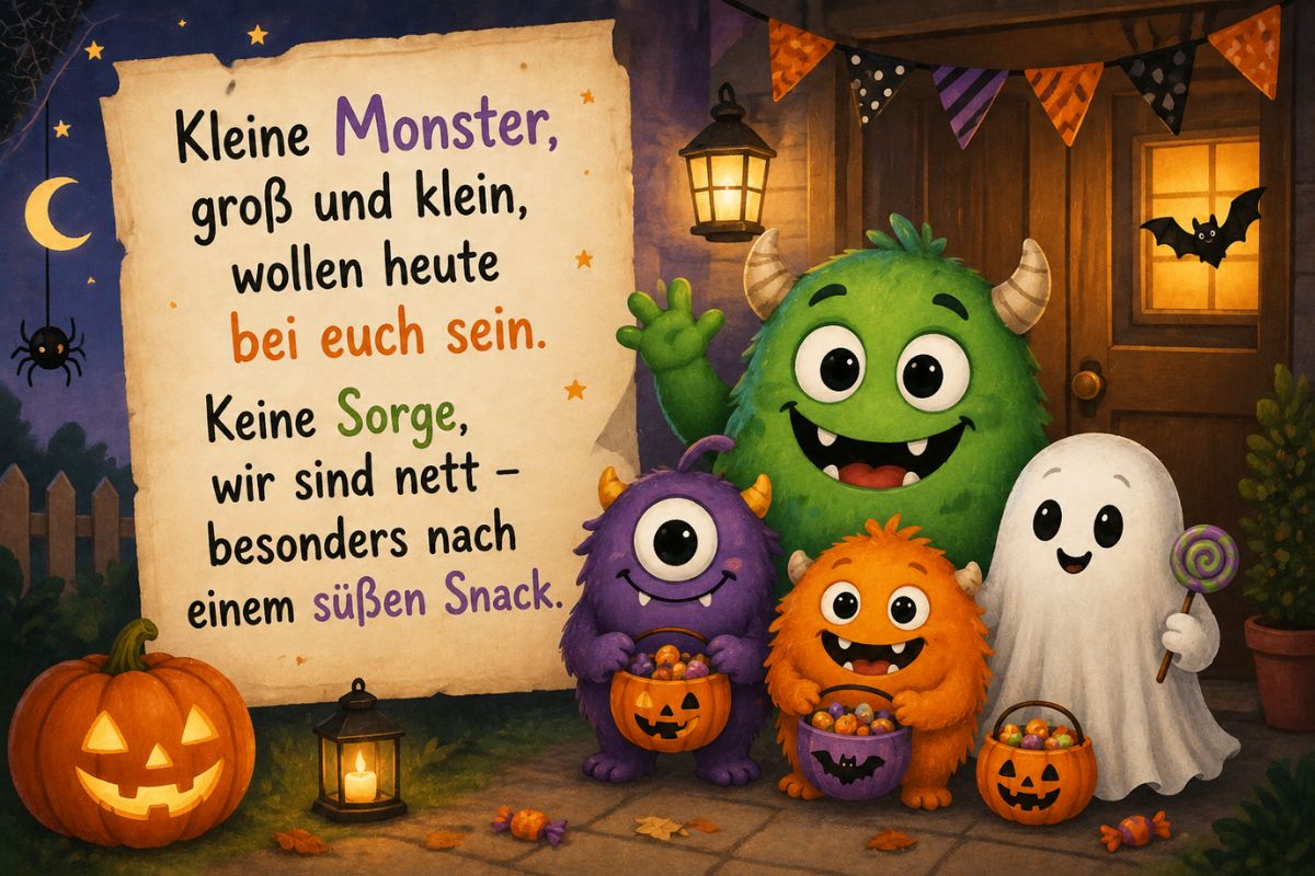 Halloween-Spruch für Kinder: „Kleine Monster, groß und klein, wollen heute bei euch sein. Keine Sorge, wir sind nett – besonders nach einem süßen Snack.“ auf einer kindgerechten Halloween-Dekoration.