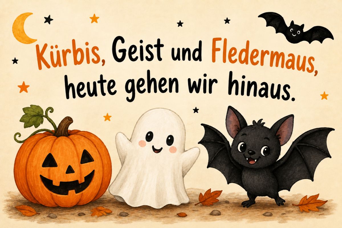 Halloween-Spruch „Kürbis, Geist und Fledermaus, heute gehen wir hinaus.“ als kindgerechte Illustration mit Kürbis, freundlichem Gespenst und Fledermaus.