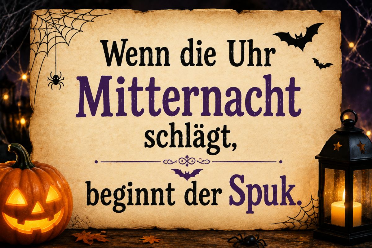 Halloween-Spruch „Wenn die Uhr Mitternacht schlägt, beginnt der Spuk.“ als dekorative Grafik mit Kürbis, Laterne, Spinnennetzen und Fledermäusen in stimmungsvoller Halloween-Dekoration.