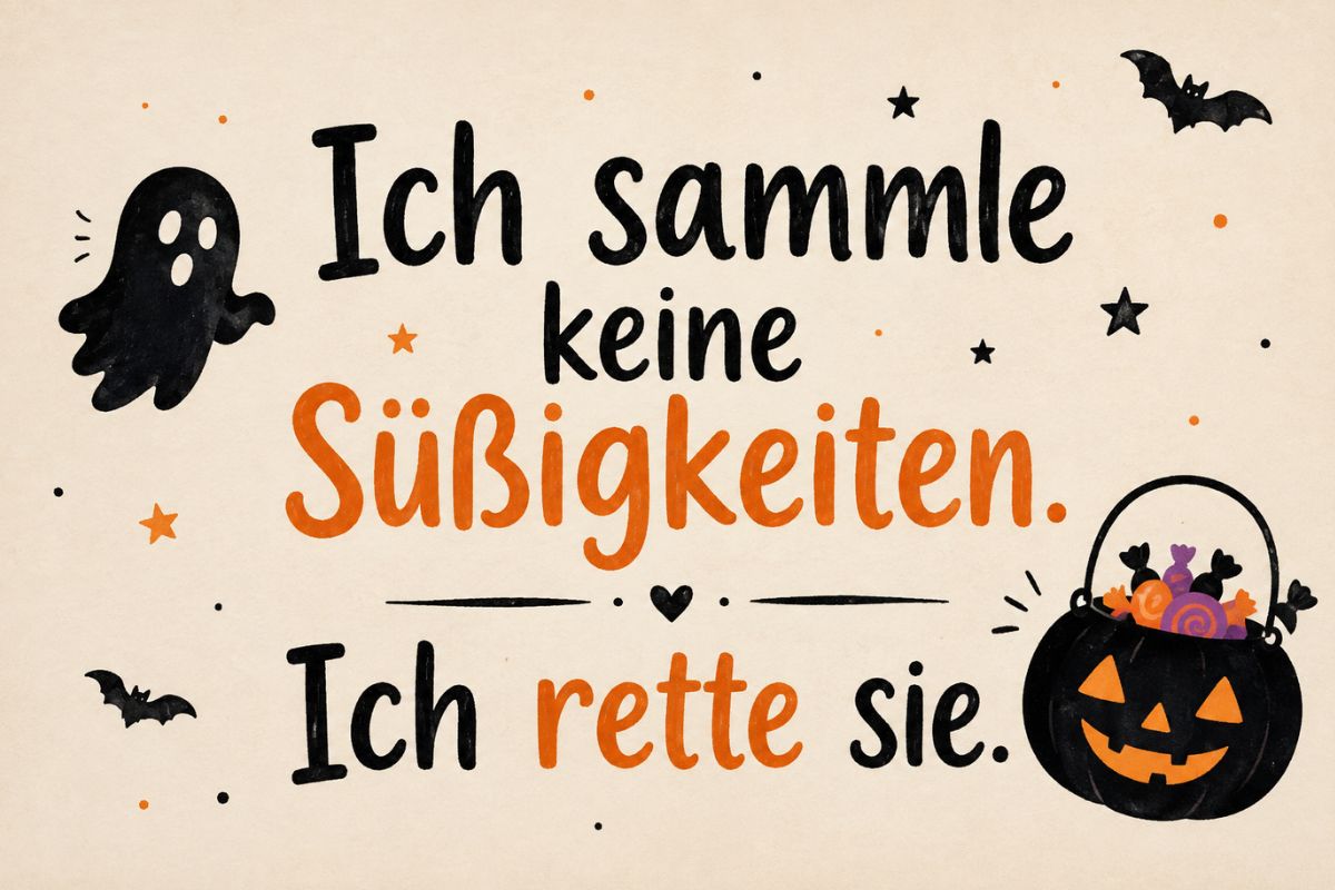 Halloween-Spruch „Ich sammle keine Süßigkeiten. Ich rette sie.“ als dekorative Grafik mit Kürbiseimer, Gespenst und Fledermäusen.