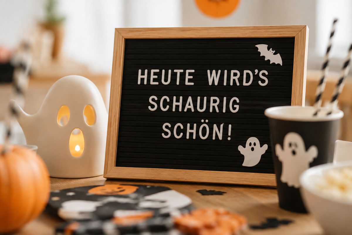 Letterboard mit dem Spruch „Heute wird's schaurig schön!“ auf einem festlich dekorierten Halloween-Partytisch für Kinder mit Kürbis, Geisterlaterne und Partygeschirr.