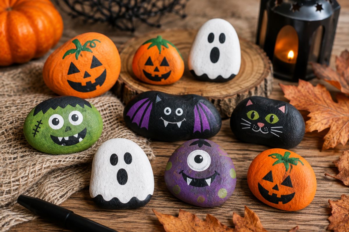 Bemalte Halloween-Steine mit Kürbis, Gespenst, Fledermaus, schwarzer Katze, Monster und Mumie als kreative Bastelidee für Kinder.