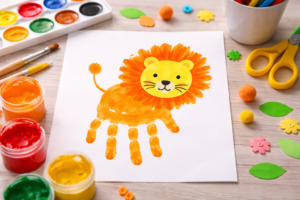 Handabdruck basteln mit Kindern – Löwe aus Farbe auf Papier als einfache Bastelidee