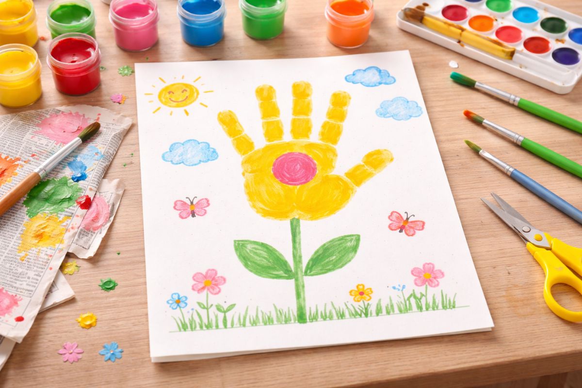 Handabdruck-Blume auf Papier mit gelber Farbe gemalt, Kinder basteln einfache Muttertagsidee mit Farben und Pinsel