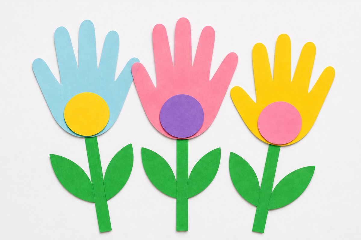 Einfache Blumen aus Handabdruck basteln – Papierblumen für Kinder mit ausgeschnittenen Handformen und Stiel