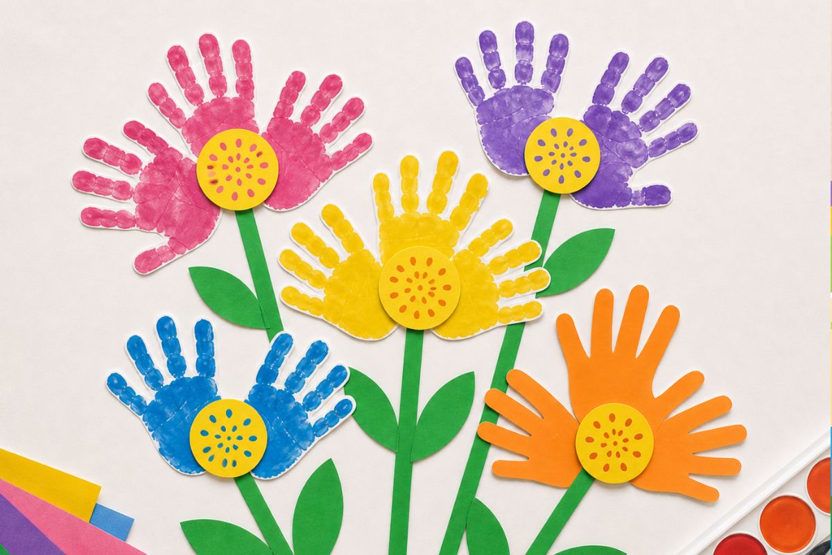 Blumen aus Handabdruck basteln für Kinder – Kombination aus Fingerfarbe und ausgeschnittenen Papierhänden als kreative Bastelidee