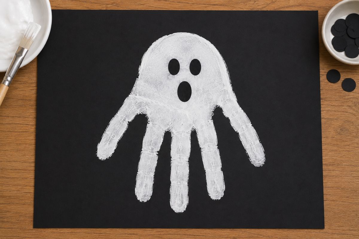 Weißer Handabdruck-Geist auf schwarzem Papier mit aufgeklebten Augen und Mund – einfache Halloween-Bastelidee für Kinder.