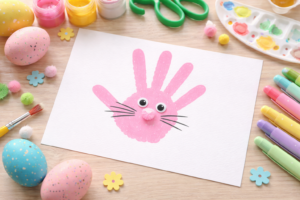Gebastelter Osterhase aus Handabdruck mit Farbe, Augen und Schnurrhaaren auf Papier
