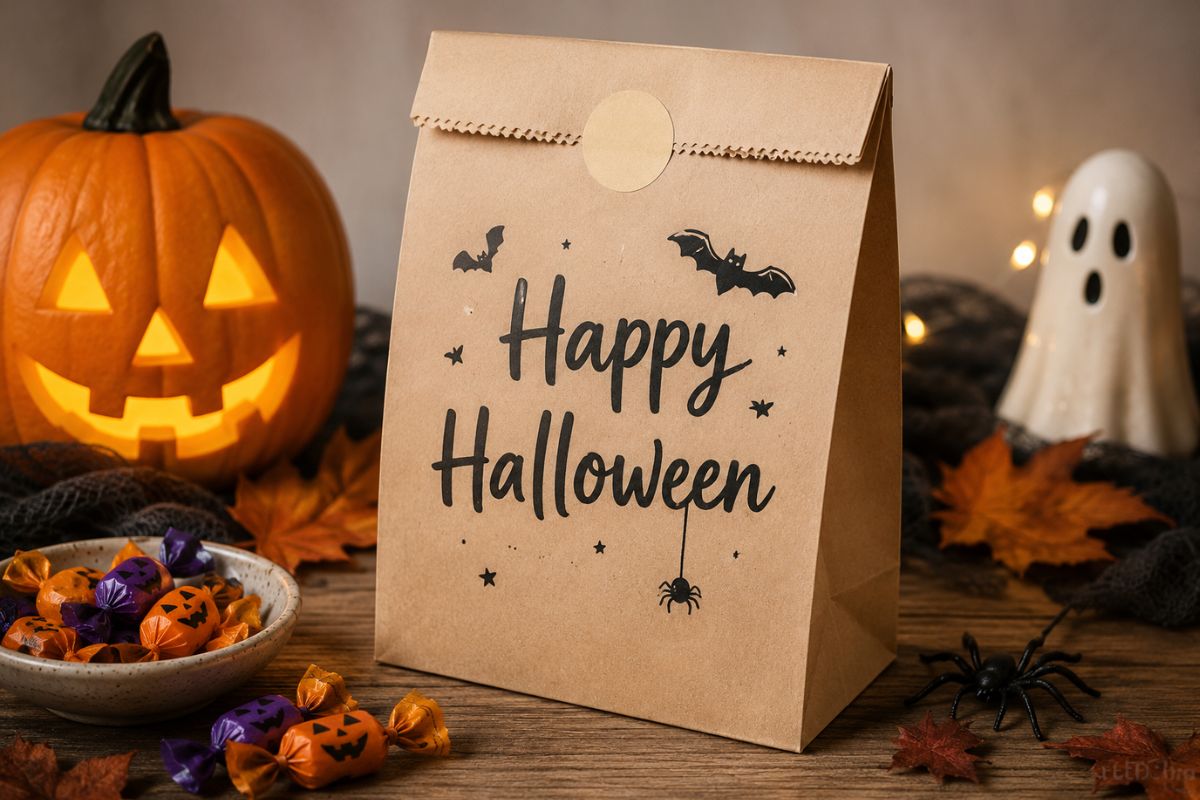 Braune Halloween-Mitgebseltüte mit dem handgeschriebenen Schriftzug „Happy Halloween“, dekoriert mit Fledermäusen und Spinne, auf einem festlich geschmückten Halloween-Tisch mit Kürbis und Süßigkeiten.